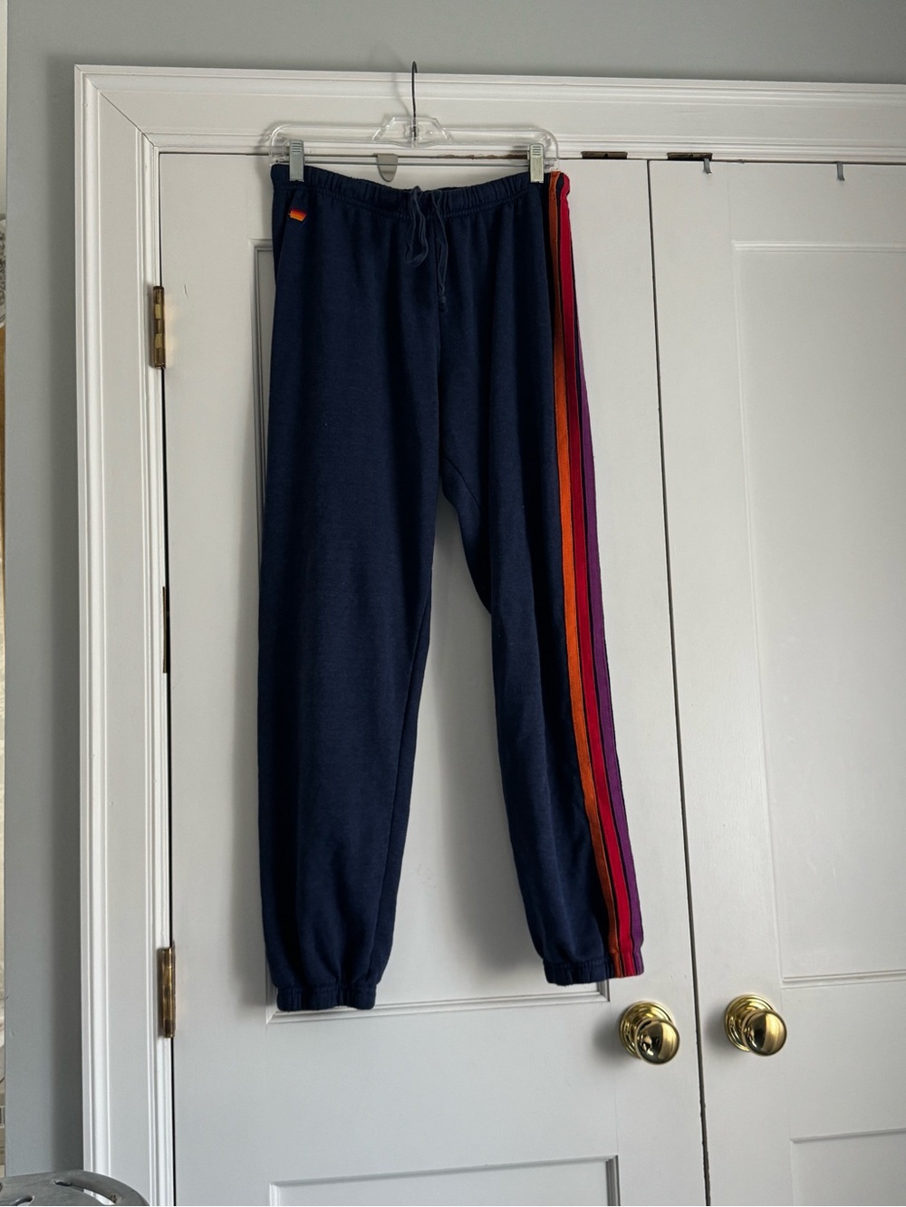 Aviator Nation Navy Joggers with Red-Orange-Navy-Purple-Blue Side Stripes
